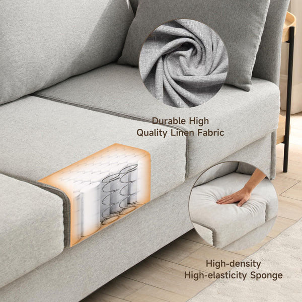 65" Mid-Century Modern Loveseat Sofa – Linen 3-Seater, Silvery Grey