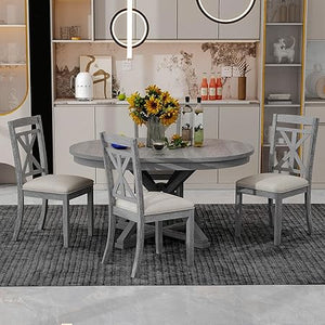Extendable Round Dining Table Set for 4-6 with Upholstered Chairs