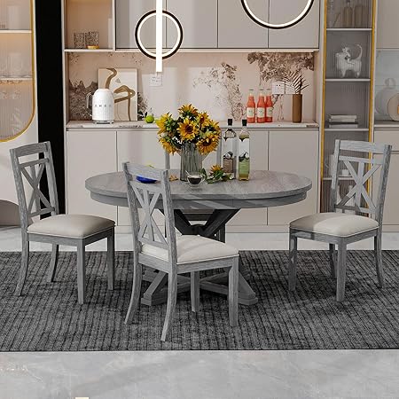 Extendable Round Dining Table Set for 4-6 with Upholstered Chairs