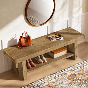 Solid Wood Entryway Bench with Open Shelves
