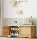 Rattan Shoe Storage Bench with Cushion & Adjustable Shelf