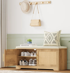 Rattan Shoe Storage Bench with Cushion & Adjustable Shelf