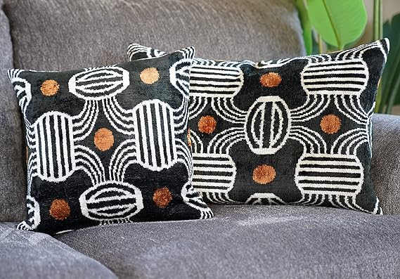 Handmade Velvet Throw Pillow – Geometric Striped, Down Feather Fill