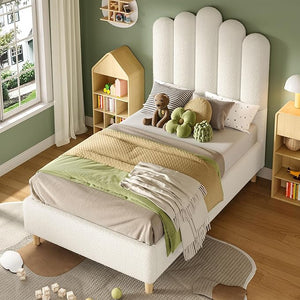 White Boucle Upholstered Bed Frame with 57" Headboard