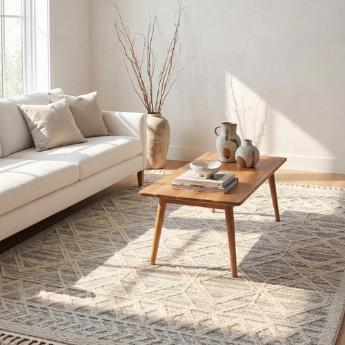 Moroccan Lattice Tassel Area Rug 8x11 | High-Pile Plush Shag | Light Grey