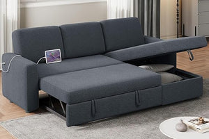 L-Shaped Sectional Sleeper Sofa with Pull-Out Bed, Chaise Storage & USB Charging