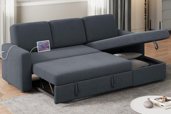 L-Shaped Sleeper Sectional Sofa with Pull-Out Bed, Storage & USB Charging