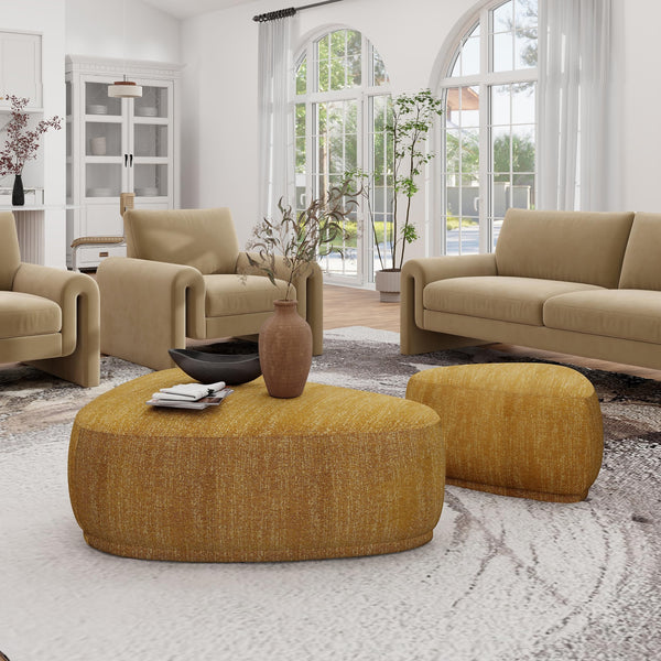 Rounded Triangle Cocktail Ottoman – Mustard Yellow Tweed
