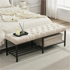 Tufted Faux Leather Storage Bench with Metal Frame