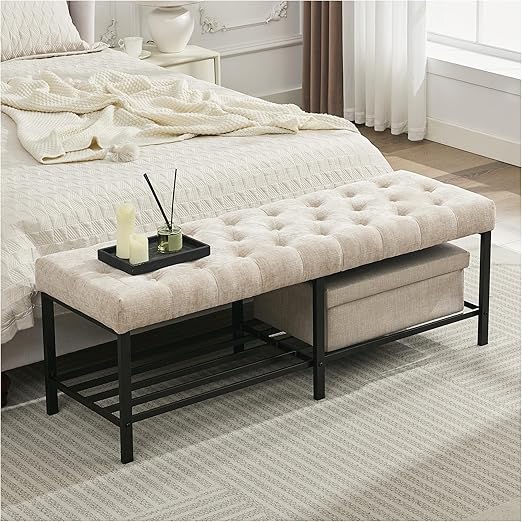 Tufted Faux Leather Storage Bench with Metal Frame