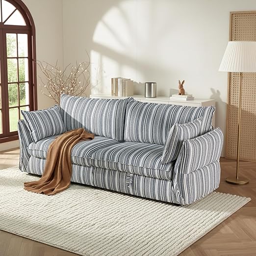 86" 3-Seater Storage Sofa with Striped Fabric & Wood Frame
