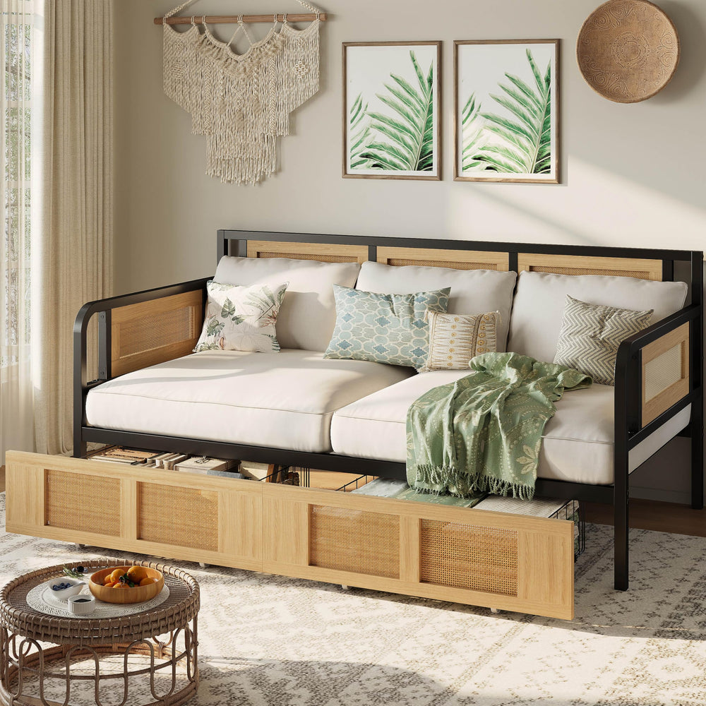 Twin Rattan Daybed with Storage Drawers