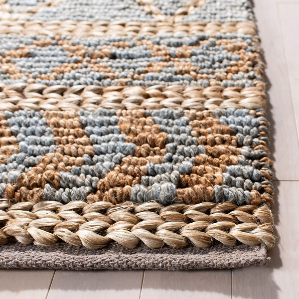 Hand-Woven Jute Area Rug – Natural & Blue Boho Moroccan Trellis
