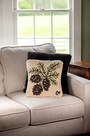 Hand-Hooked Wool Throw Pillow – Pinecones & Berries, 14x14, Off White