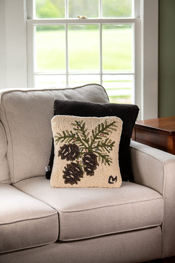 Hand-Hooked Wool Throw Pillow – Pinecones & Berries, 14x14, Off White
