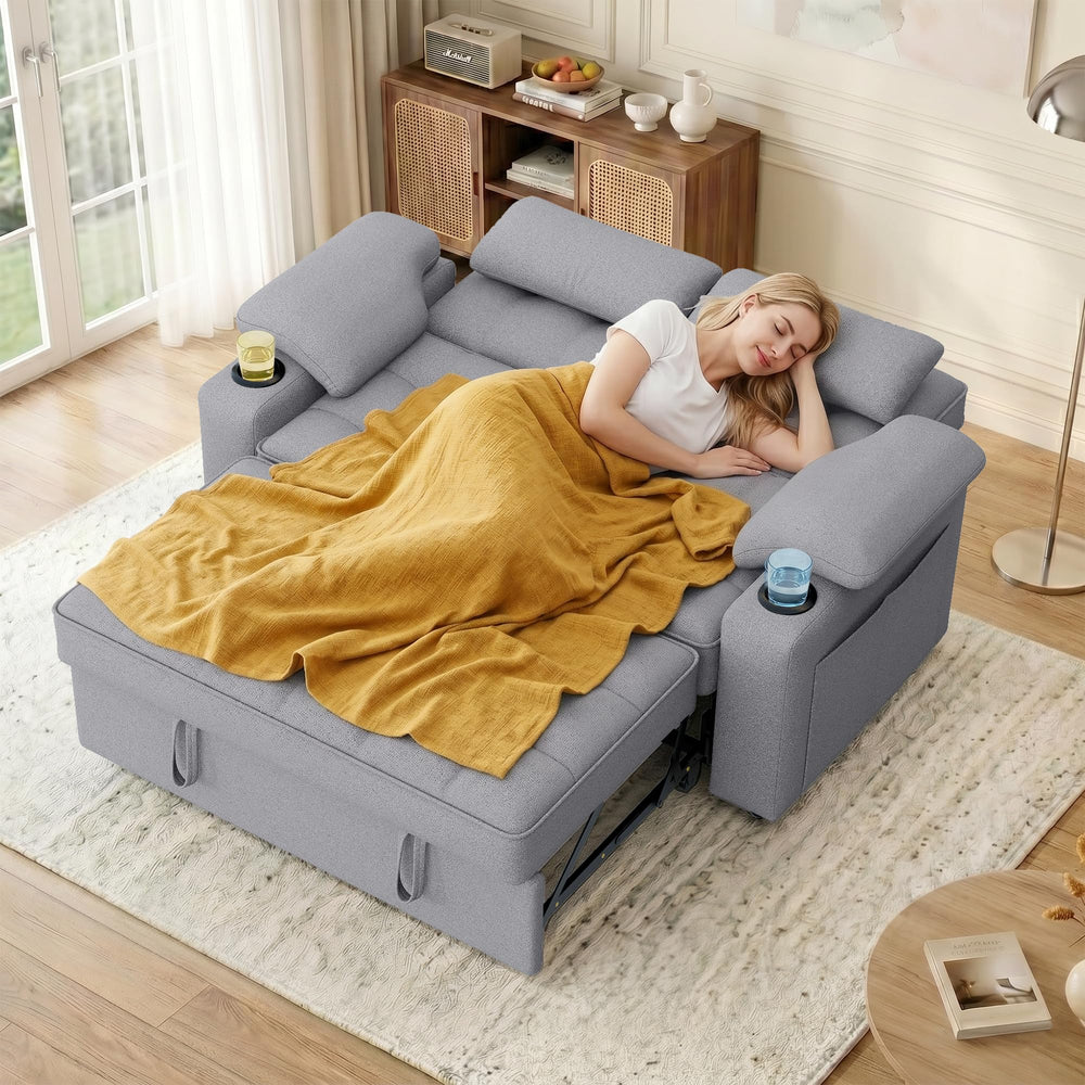 58" Convertible Sofa Bed with USB Charger & Cup Holders – Teddy Fabric Loveseat