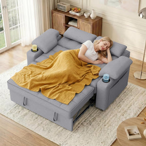 58" Convertible Sofa Bed with USB Charger & Cup Holders – Teddy Fabric Loveseat