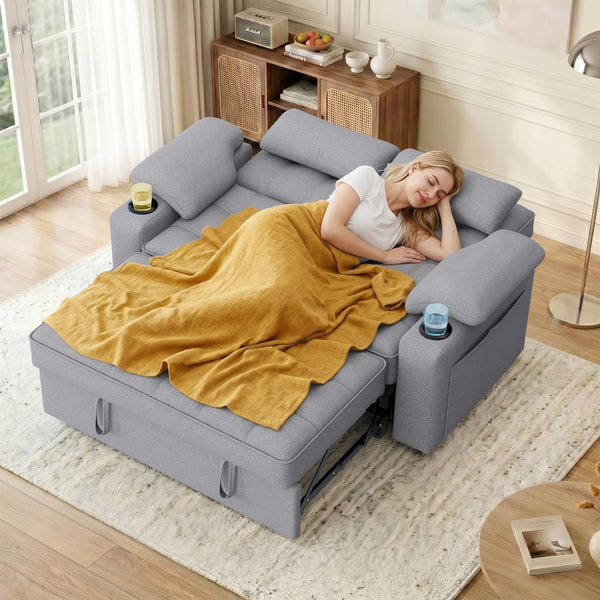 58" Convertible Sofa Bed with USB Charger & Cup Holders – Teddy Fabric Loveseat