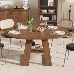 Extendable Round Dining Table with Storage Shelf