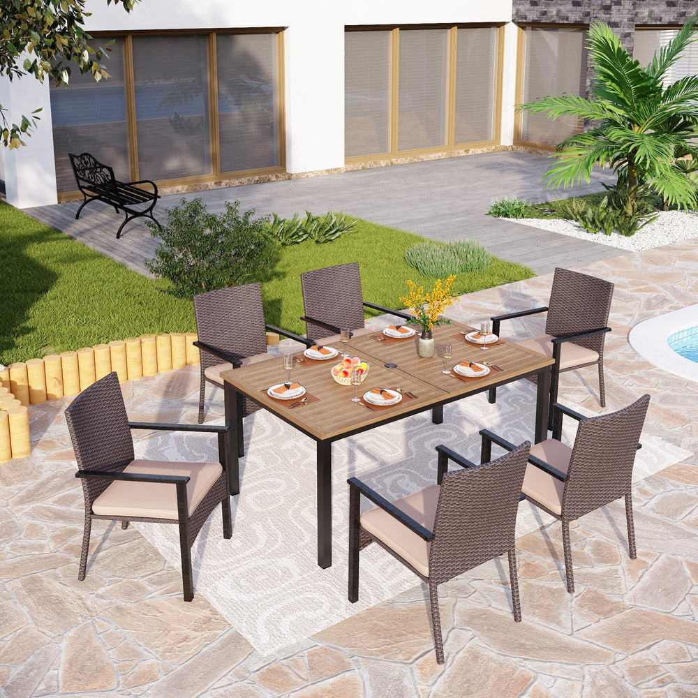 Outdoor Rectangular Dining Table with Metal Frame & Umbrella Hole