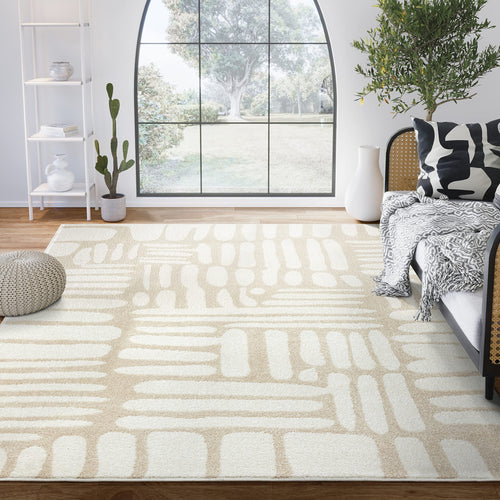 Beige Cream Abstract Area Rug – Medium Pile, Non-Shedding, Indoor