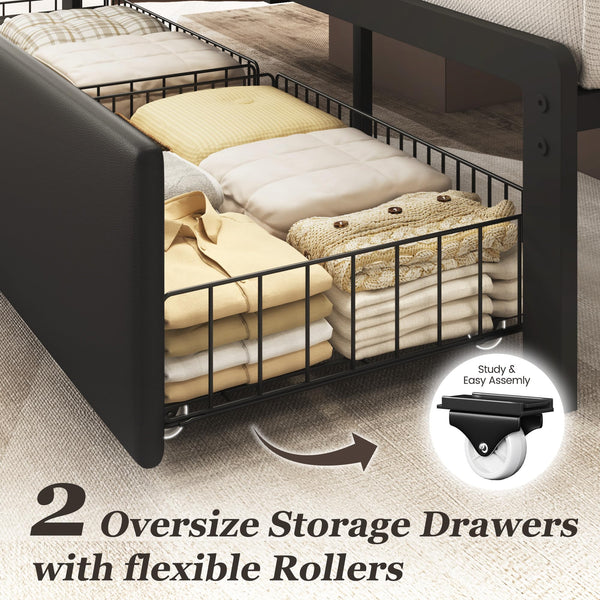 Metal Bed Frame with Storage Drawers & Charging Station