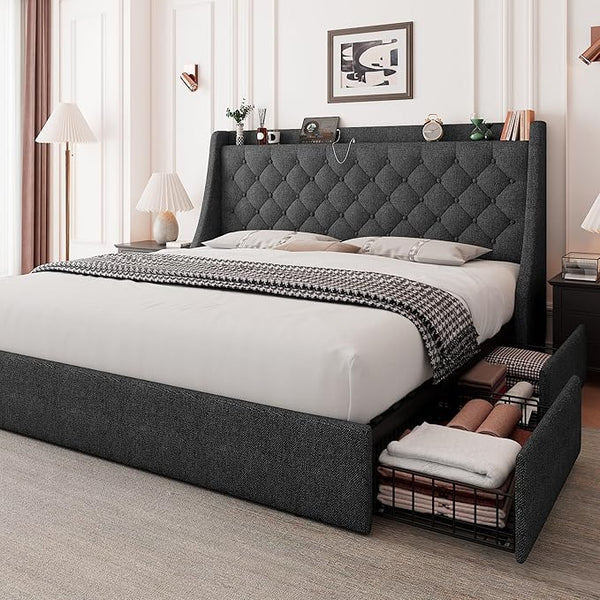Upholstered Bed Frame with Storage Drawers & Charging Station
