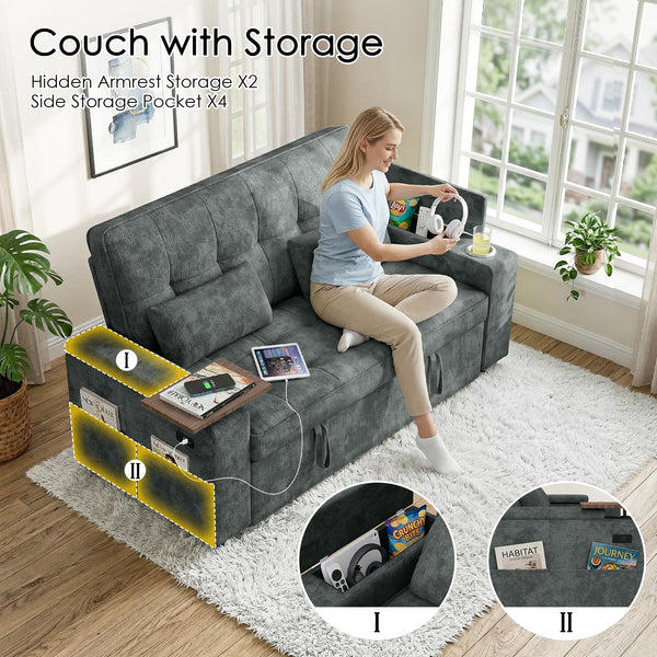 65" Convertible Sleeper Sofa Bed with Storage & USB Charging
