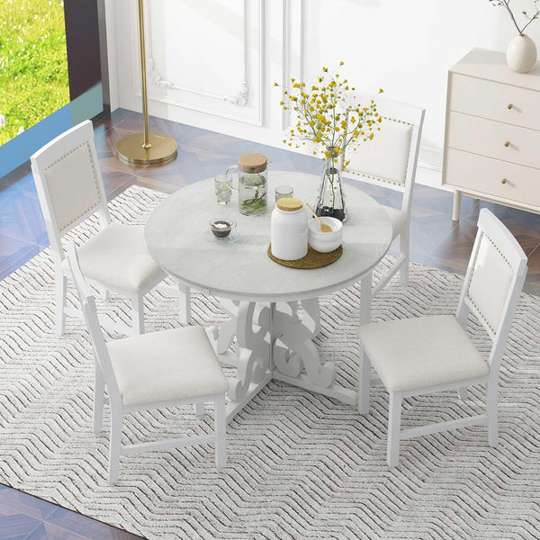 Extendable Round Dining Table Set for 4-6 with Upholstered Chairs