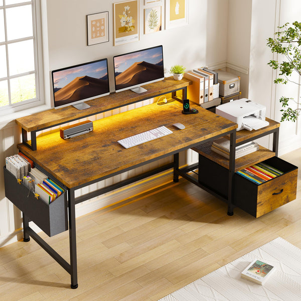 57" Computer Desk with Monitor Stand, Charging Station & File Cabinet