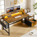 57" L-Shaped Corner Office Desk with Drawers, Power Outlets & Monitor Stand