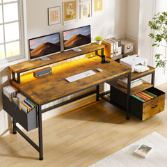 57" L-Shaped Corner Office Desk with Drawers, Power Outlets & Monitor Stand