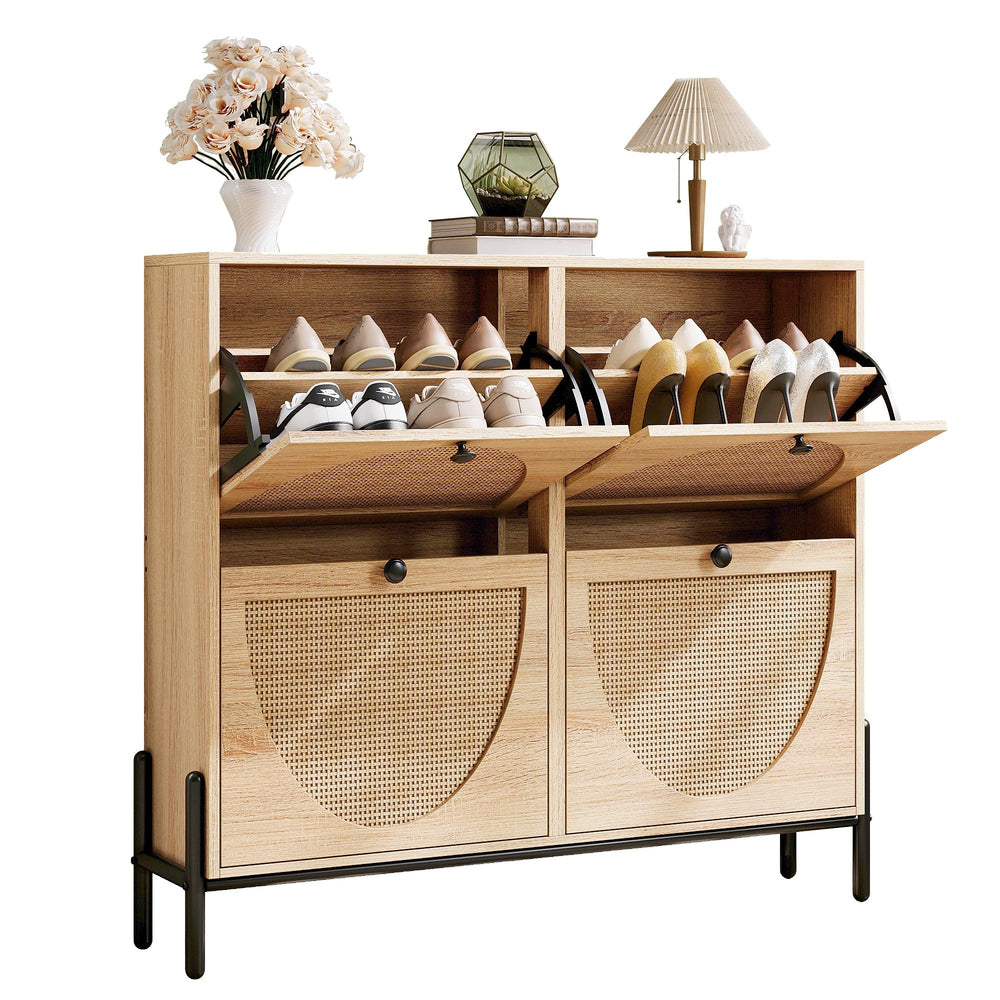 Rattan Shoe Cabinet with 4 Flip Drawers