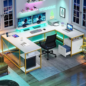 U-Shaped Computer Desk with Power Outlets, LED Lights & Storage