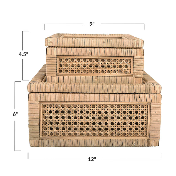 Rattan & Wood Display Boxes with Glass Top – Set of 2