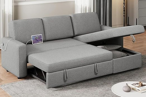 L-Shaped Sleeper Sectional Sofa with Pull-Out Bed, Storage & USB Charging