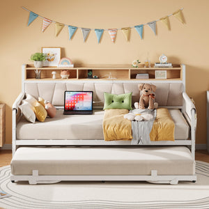 Twin Daybed with Trundle, Upholstered Storage Headboard & Charging Station