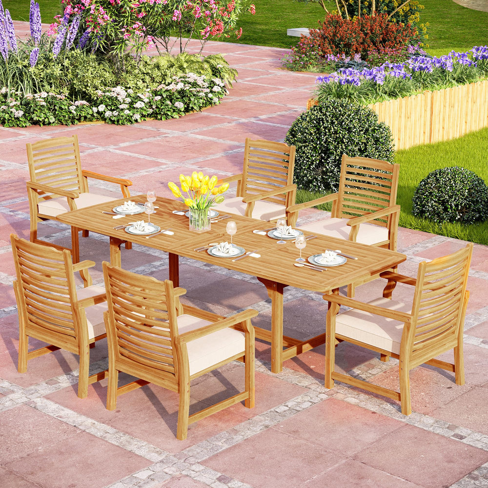 Extendable Acacia Wood Outdoor Dining Set with Cushioned Chairs