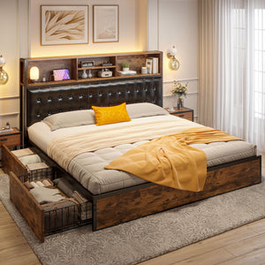 Queen Bed Frame with Storage Drawers & Charging Station