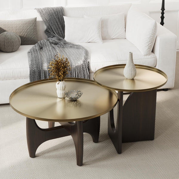 Round Coffee Table with Gold Tray Top & Walnut Base