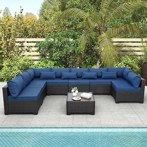 9-Piece Outdoor Wicker Sectional Patio Furniture Set with Glass Table & Cushions
