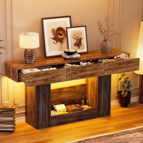 63" Farmhouse Console Table with LED Lights, Hidden Safe & 3 Drawers