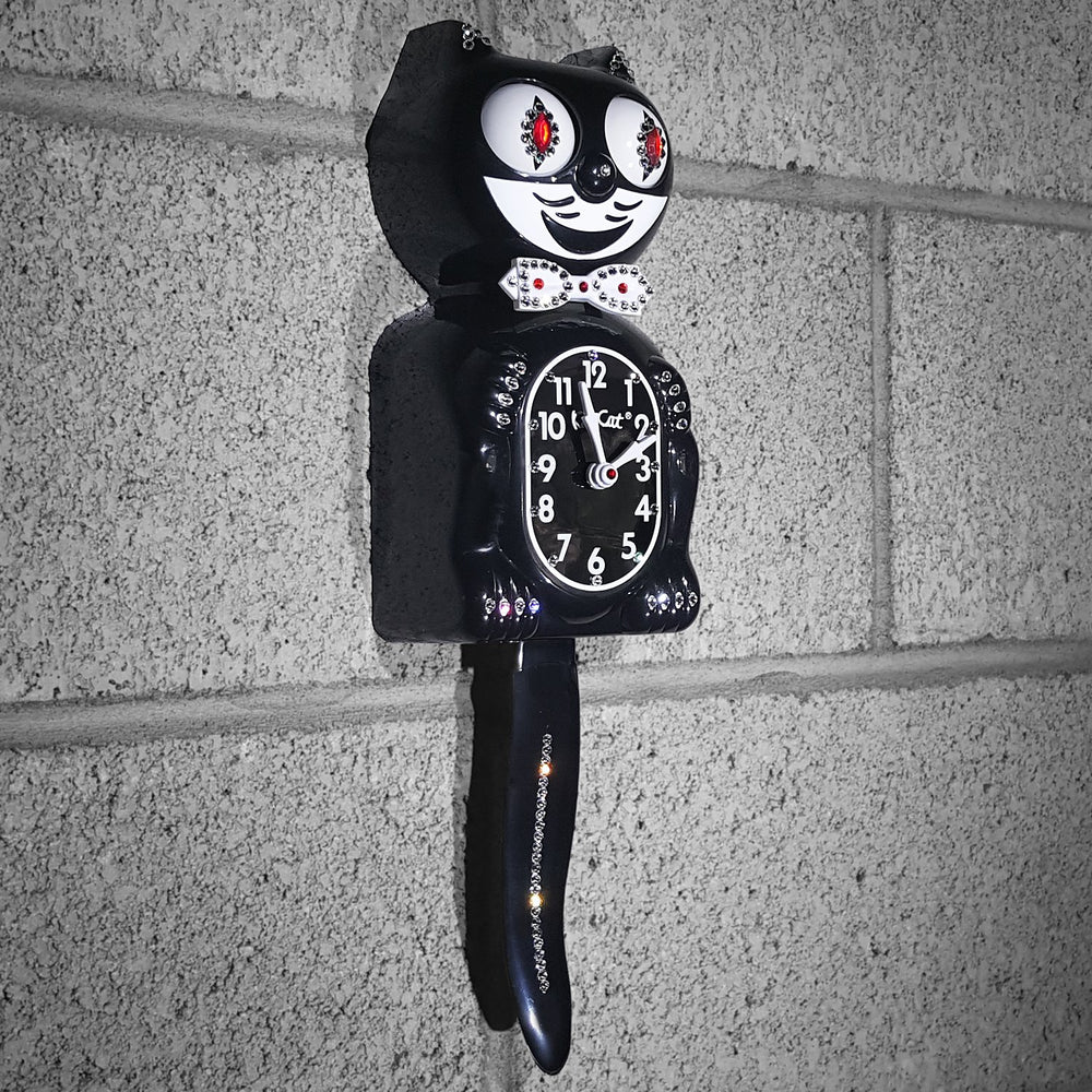 Black Jeweled Cat Wall Clock – Analog Silent Battery Powered