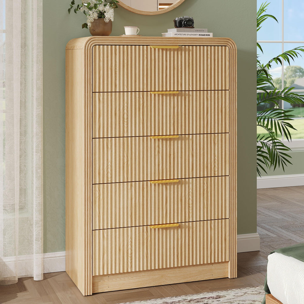 5-Drawer Fluted Dresser — Modern Chest of Drawers with Metal Handles