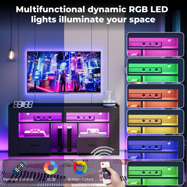 TV Stand with Drawers, LED Lights & Charging Station for 50–70 Inch TVs