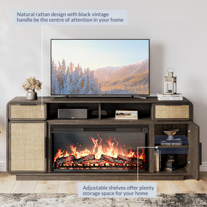 68" Fireplace TV Stand with Rattan Storage Cabinet