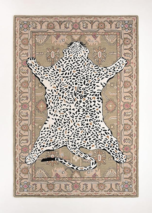 Handmade Leopard Print Wool Area Rug – 5' x 8' Rectangular