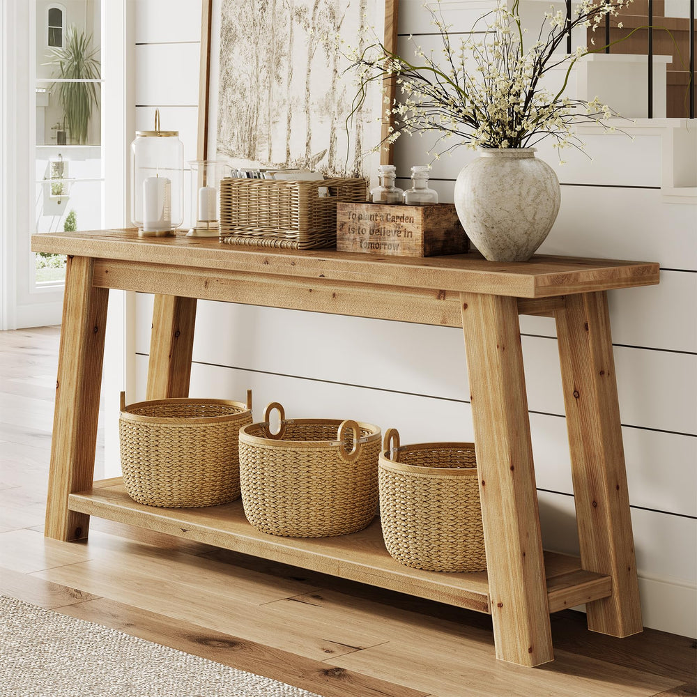 70.9" Solid Wood Console Table with 2-Tier Storage Shelf