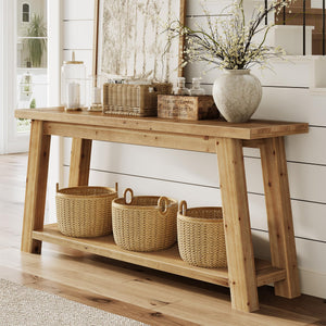 70.9" Solid Wood Console Table with 2-Tier Storage Shelf
