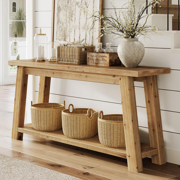 70.9" Solid Wood Console Table with 2-Tier Storage Shelf